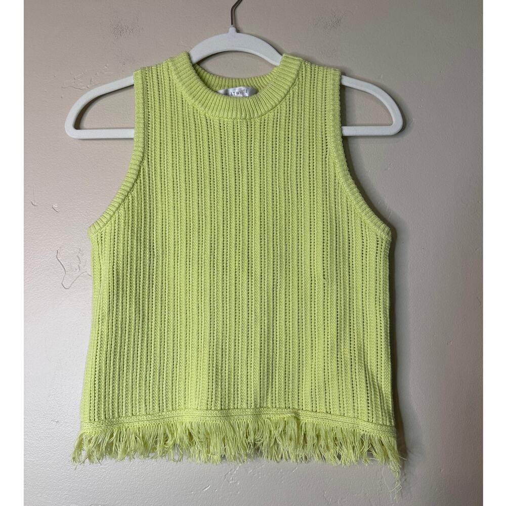 Anthropologie Flat White Neon Lime Green Cable Knit Sweater Vest SMALL